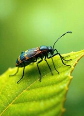 Fototapeta premium Thysanoptera species on surface of spice leaf, agriculture pest control, invasive pest, plants protection, garden problem, leaf pest