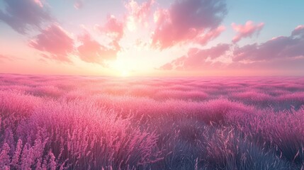 Fototapeta premium Pink Lavender Field at Sunset: A Serene Landscape