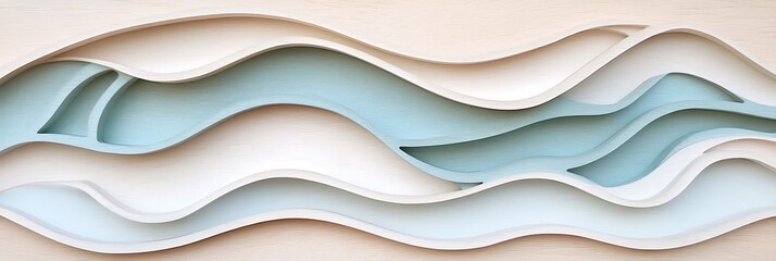 Obraz premium Layered wooden puzzle with wave-like shapes in soft blues and whites