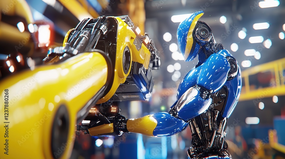 Poster futuristic robot arm interacting with advanced machinery in factory setting