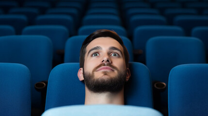 Young cinephile experiencing film in empty theater. Perfect for entertainment, cultural appreciation, and immersive experiences.