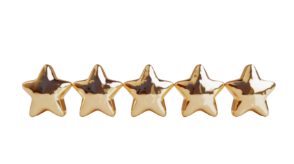 Five golden stars showing positive review on transparent background