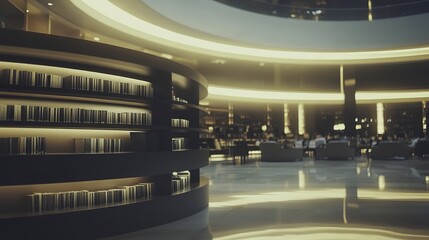 Round bookshelf in a library, warm light, blurred reading tables and people in background, cinematic wide-angle view