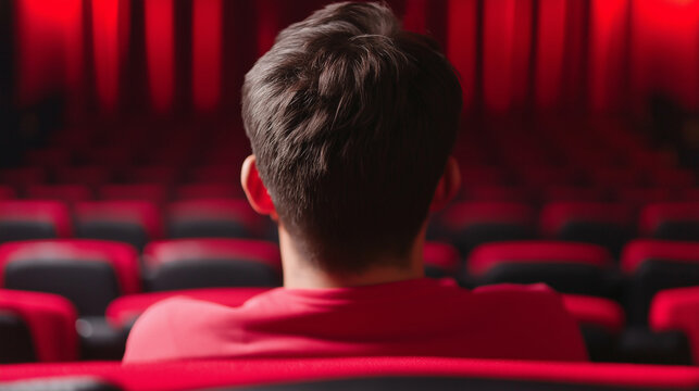Back view of movie viewer in red theater seats. Represents film appreciation, solo entertainment, and cultural experiences.