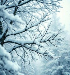 Obraz premium Tree limbs heavy with fresh snow in the winter wind, windy, cold, fresh snow