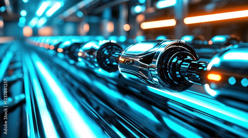 Poster futuristic factory assembly line chrome robots technology production