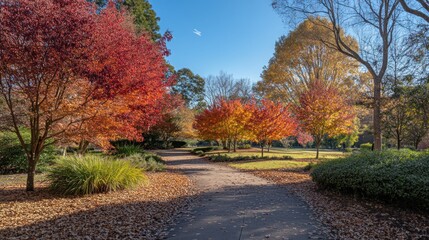 Fototapeta premium A serene park pathway surrounded by vibrant autumn foliage and clear blue skies.