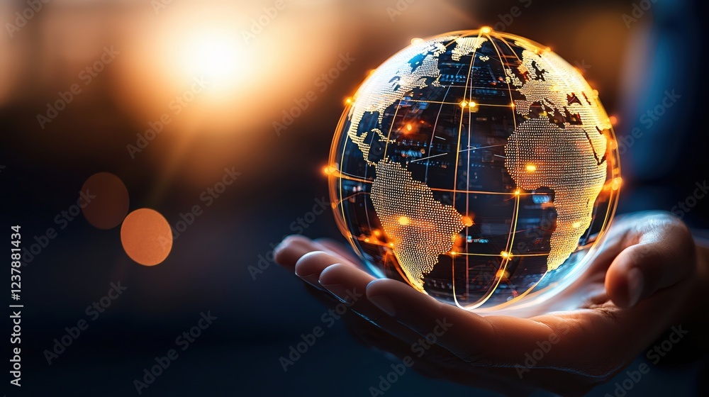 Poster global network connection digital world in hands innovation technology