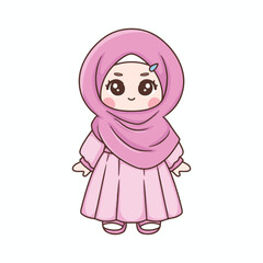 Cute cartoon Muslim girl in a pink hijab. Vector illustration.