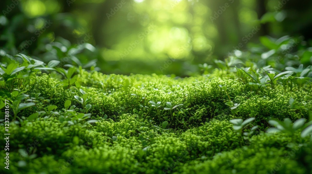 Poster sunlight filters gently through towering trees, bathing a serene forest clearing in warmth. soft, vi