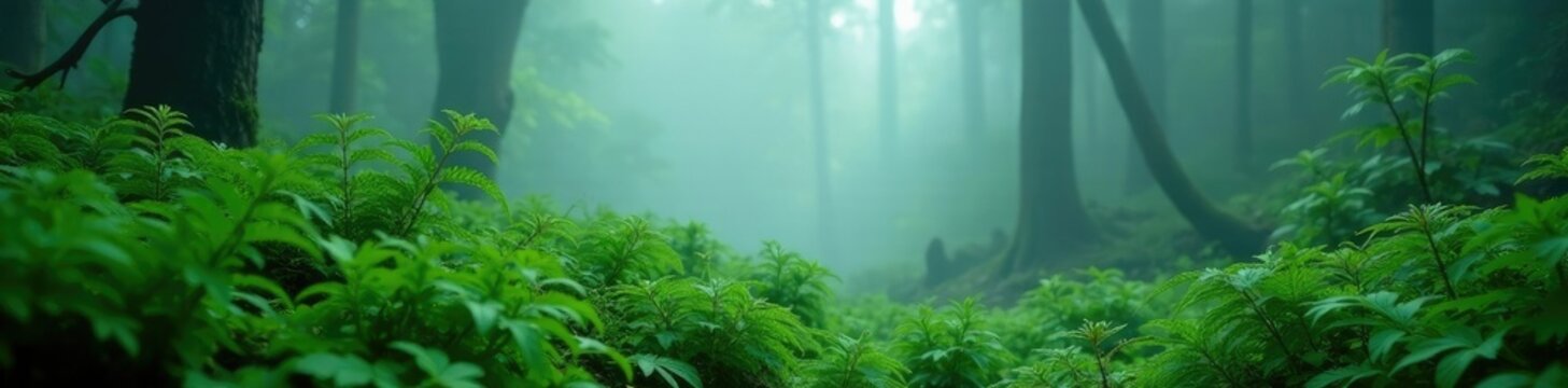 Fog-shrouded ferns sway gently in windless forest air, ferns, lush greenery