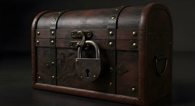 Candado en un cofre del tesoro de madera