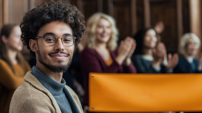 A smiling man at a community event holding a banner, with a group of people clapping in the background, creating a warm and appreciative atmosphere