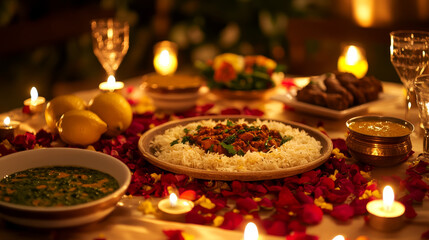 Indian national cuisine dishes on festive table with candles, rose petals and curry with rice, kebab and tandoori chicken legs, vegetables and lemons, spinach soup with cheese, dessert and tea