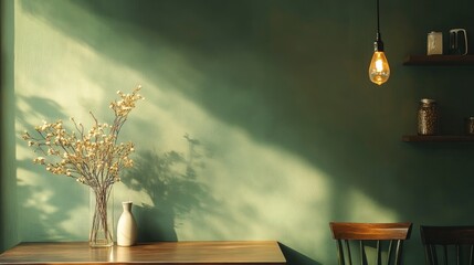 A wall painted in an elegant olive green, with the table surface below featuring soft lighting and decorative elements. The space is minimalistic yet inviting