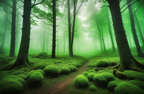 green foggy forest landscape
