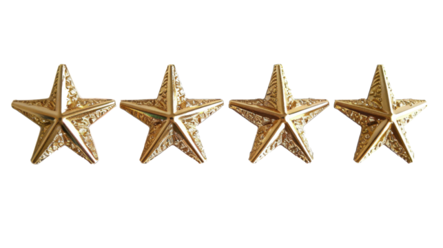 Four golden embossed stars on transparent background representing excellence