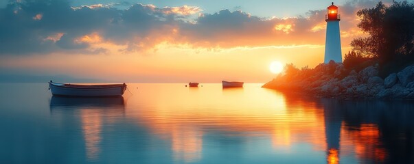 Fototapeta premium Serene Sunset at the Lighthouse: Boats, Calm Waters, Golden Hour
