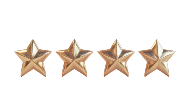 Four golden stars representing a five star rating system on transparent background