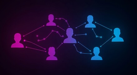 Futuristic social network with neon connected user icons and data lines