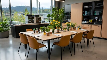Fototapeta premium Modern Office Meeting Room with Plants and Scenic View