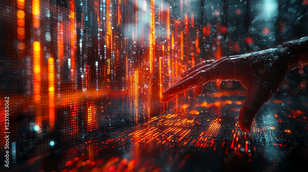 Aufkleber digital hand interacts with data streams; futuristic background, tech concept