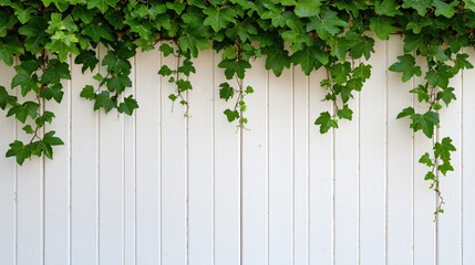 Lush Green Ivy Vines on White Wooden Wall Background