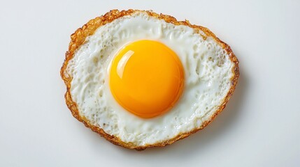 Overhead Close Up Of A Single Fried Egg With Crispy Edges On White Background