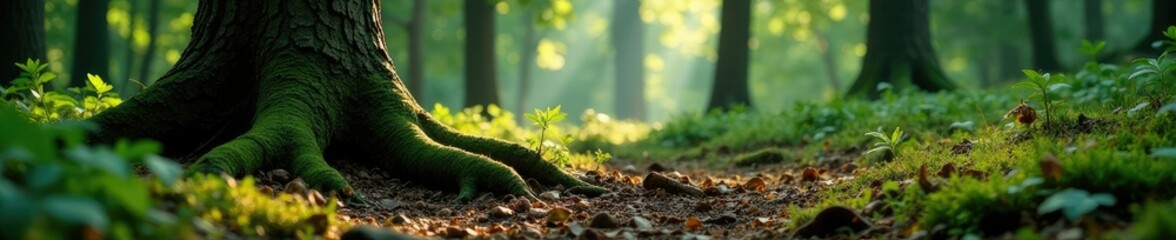 Forest floor with conifer tree roots and branches, tree root, undergrowth