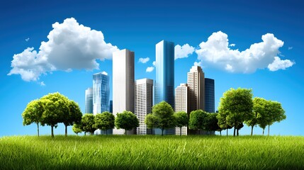 Obraz premium Modern City Skyline Green Grass Blue Sky Eco Friendly Urban Landscape