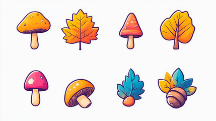 Autumn nature icons of tree leaf fall and seasonal mushrooms and oak acorn nuts. Vector falling leaves set of maple and chanterelle for Thanksgiving or autumn sale design