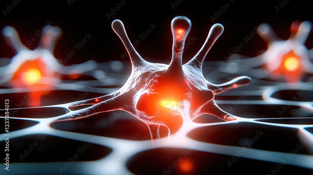 Poster microscopic cell structure glowing red network science