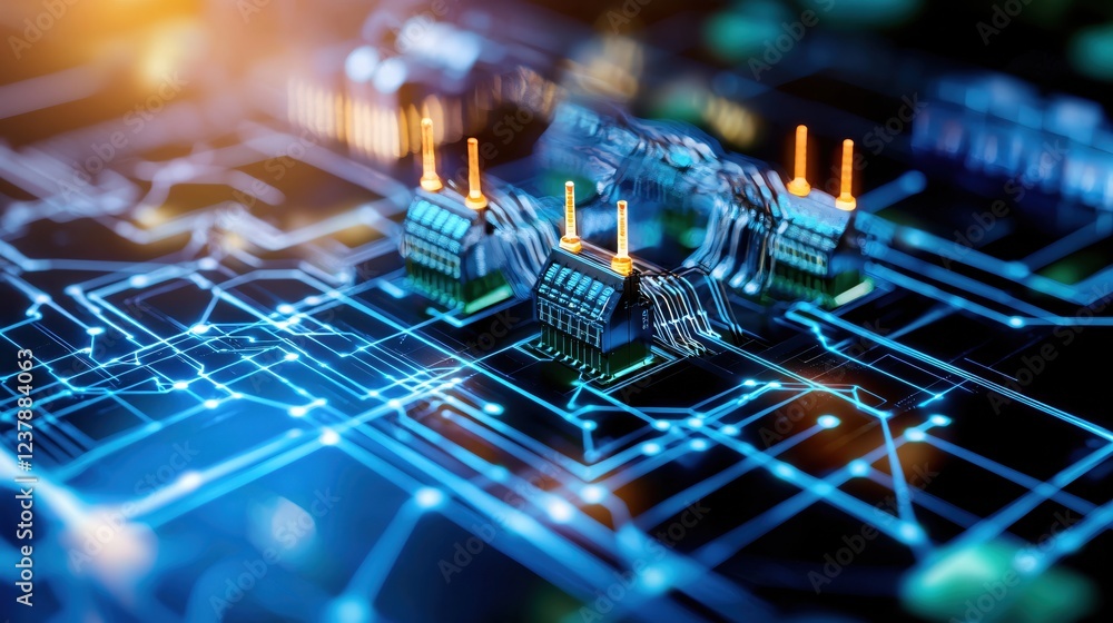 Poster futuristic technology circuit board data center servers network