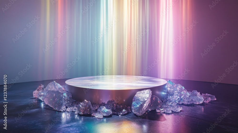 Poster a pearlized podium emits a magical glow in a dimly lit space, radiating vibrant colors while surroun