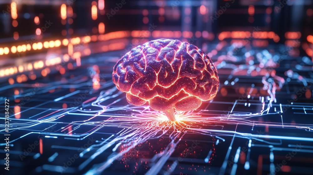 Poster glowing brain neural network digital technology abstract