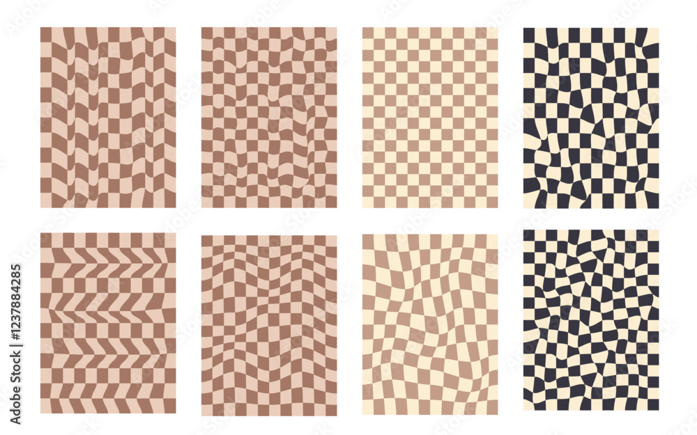 Poster groovy checkerboard pattern set. psychedelic checker background pack. trippy y2k retro vertical text
