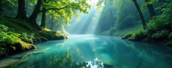Soft periwinkle mist rises from the surface of a serene forest pool, calm, natural