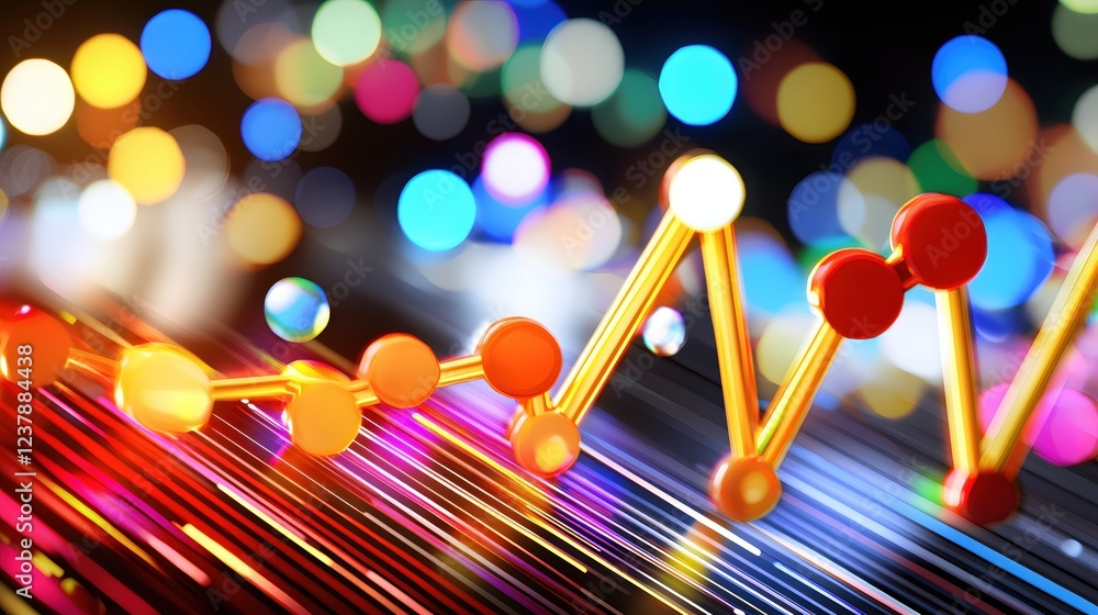 Poster vibrant abstract graph with golden lines and colorful bokeh lights