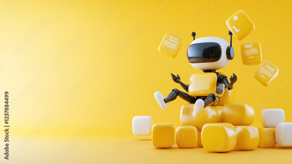 Poster happy yellow robot relaxing with data cubes on yellow background