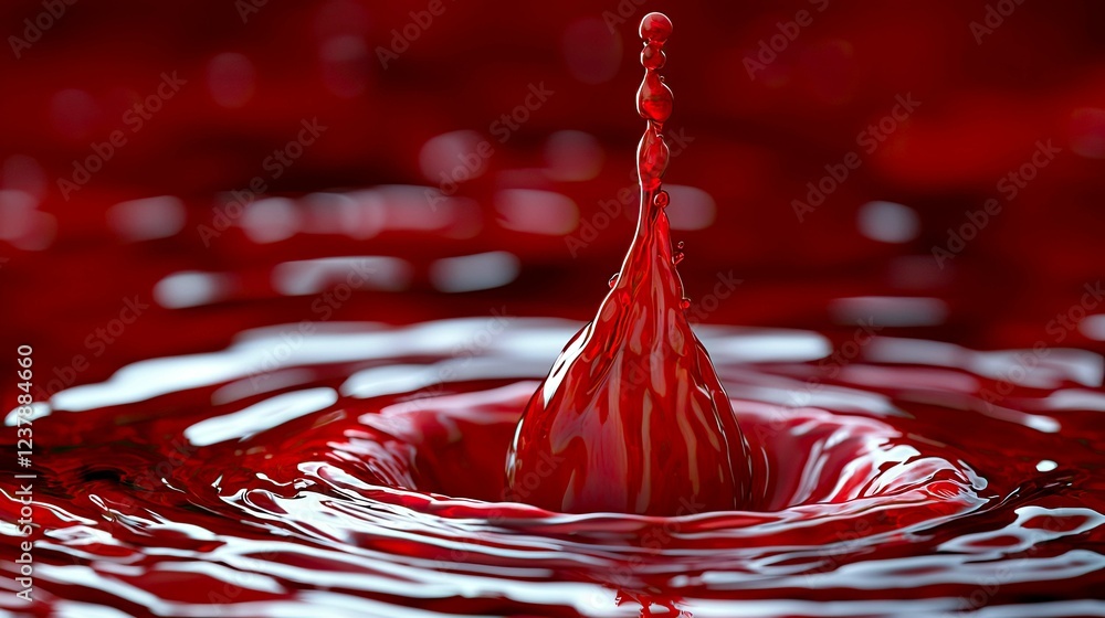 Poster crimson liquid drop: a captivating macro photograph of a single drop splashing into a pool of vibran