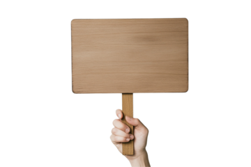  a hand holding a wooden signboard isolated on a transparent background