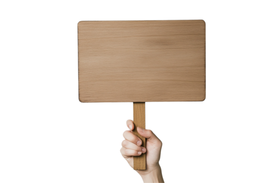  a hand holding a wooden signboard isolated on a transparent background