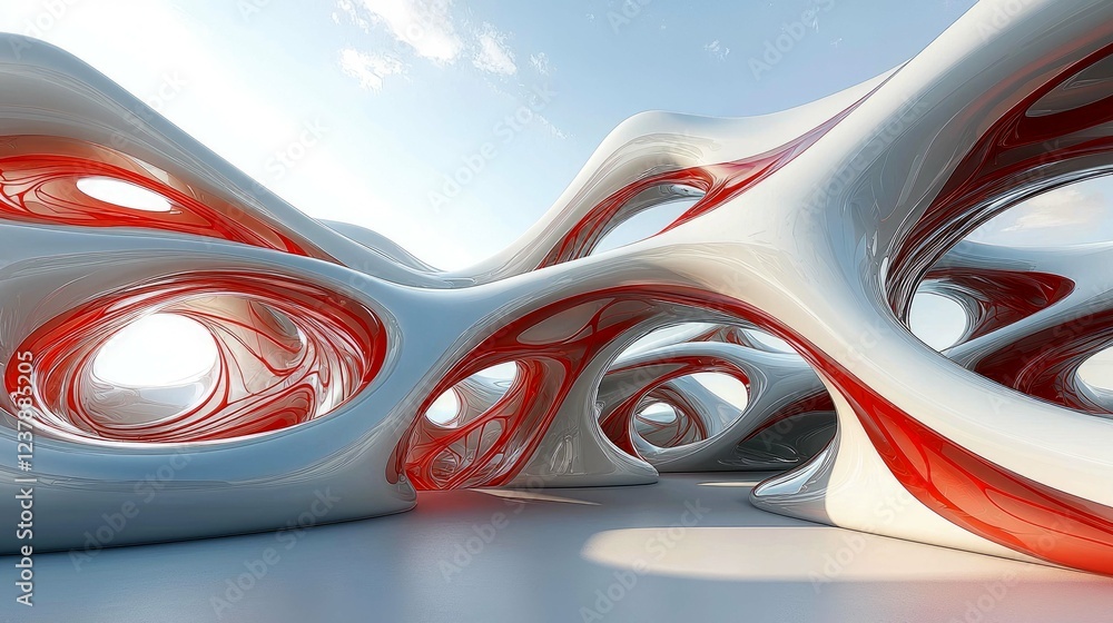 Poster abstract architectural design: red and white modern building structure, 3d rendering
