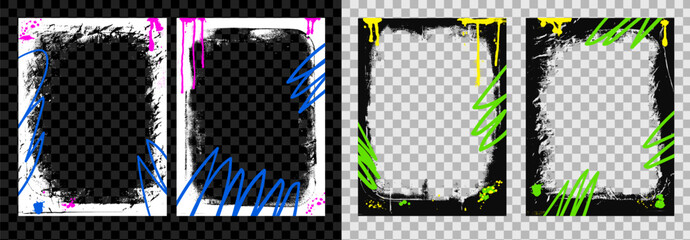 Grunge spray background frames template set. Border graffiti rectangular cadre with airbrush lines stroke. Ink and paint punk decor for photo. Retro texture banner poster overlay Vector illustration. © Syuzann q