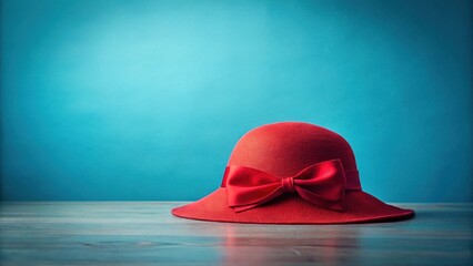 A scarlet cloche hat adorned with a vibrant red bow rests elegantly on a smooth wooden surface against a tranquil teal backdrop.