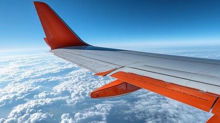 Aerial view and close-up of airplane wing in flight over clear blue sky and clouds