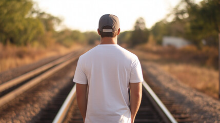 Obraz premium Person walking on rural train tracks at sunset. Represents journey metaphors, travel concepts, and personal direction.
