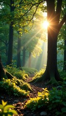 Sunlight filters through trees on the forest floor, light, tree, undergrowth