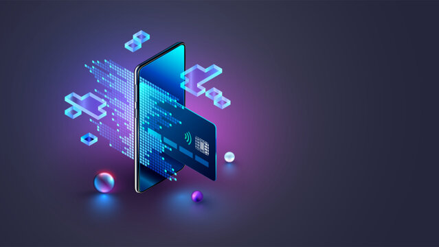 Virtual banking card. Isometric mobile phone, internet banking app, card. Online payment security transaction via credit card. Shopping wireless pay smartphone. Internet digital bank technology.