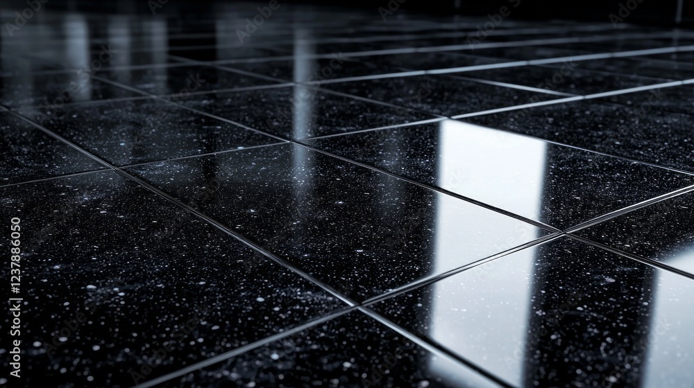 Aufkleber gleaming black tiles adorn the floor, showcasing a mesmerizing interplay of reflections and subtle t